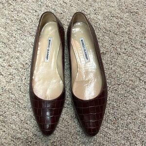 Manolo Blahnik Burgandy Croc Leather Flats